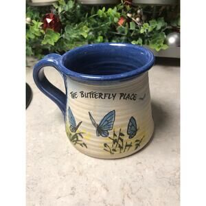 Vintage Butterfly Mug Blue Hand Painted Pottery 8 oz New no box/tag